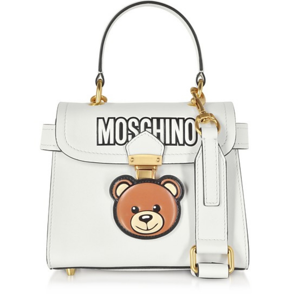 Authentic Rare Moschino White Leather Teddy Bear Satchel Bag